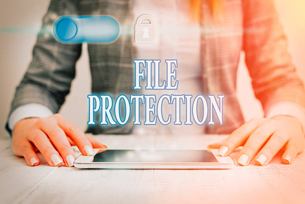 Writing note showing File Protection. Business photo showcasing Preventing accidental erasing of data using storage medium. - Photo, Image
