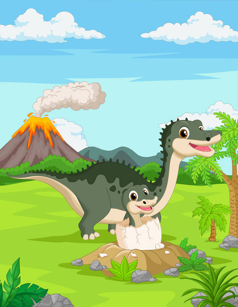 Ilustración vectorial del dinosaurio de la madre de dibujos animados con la eclosión del bebé
 - Vector, Imagen