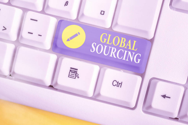 Znak tekstowy pokazujący Global Sourcing. Konceptualna praktyka fotograficzna pozyskiwania towarów ze światowego rynku. - Zdjęcie, obraz