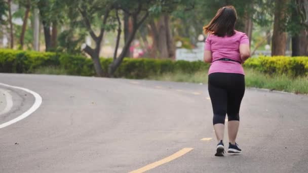 Aziatische vrouw joggen oefening op de weg in het park. Achteraanzicht Vrouw loopt 's avonds. Gezondheid en fitness. Langzame beweging - Video