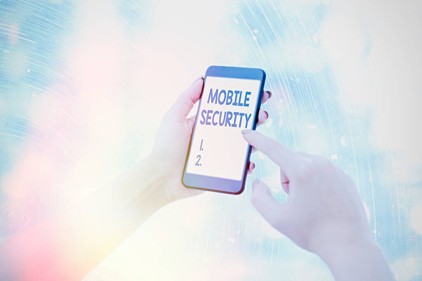 Conceptual hand writing showing Mobile Security. Business photo showcasing Protection of mobile phone from threats and vulnerabilities. - Photo, Image