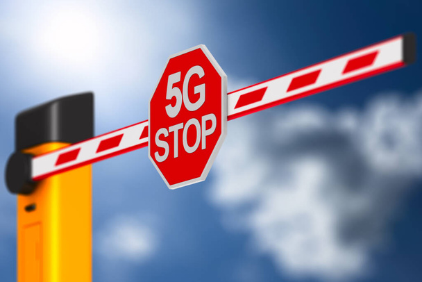 closed automatic barrier with sign 5G stop on sky background. 3D illustration - Fotó, kép