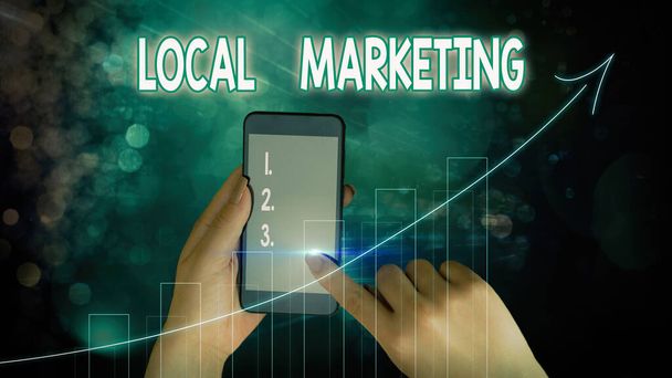 Text sign showing Local Marketing. Conceptual photo A local business where a product buy and sell in area base. - Photo, Image