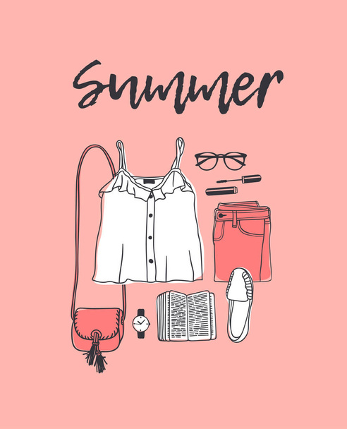 Hand drawn Fashion Illustration Summer Outfit and text. Season Look on Orange Vector Background and lettering. Artistic Doddle Drawing Actual Wear and quote. Creative Ink Art Work - Vector, Image
