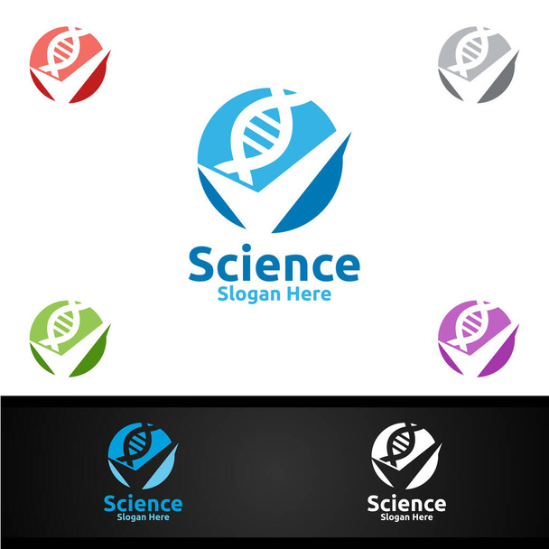 Controlli il logo del laboratorio di ricerca e di scienza del DNA per microbiologia, biotecnologia, chimica, o concetto di progettazione di istruzione
 - Vettoriali, immagini