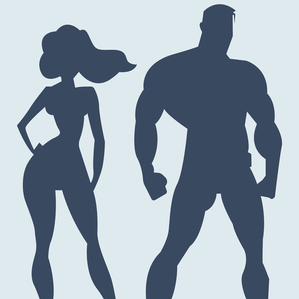 スーパーヒーローカップル。シルエットの男と女のスーパーヒーロー。暗い色でベクトルイラスト｜EPS10 - ベクター画像