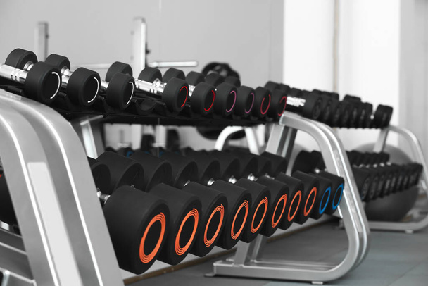 Dumbbells on stand in modern gym - Photo, Image
