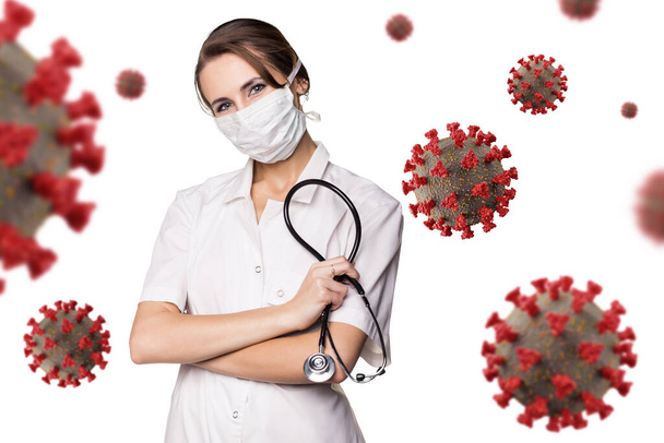 Young woman doctor among viral cells coronavirus. - Foto, imagen