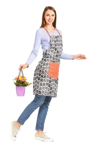 Portrait of female florist with bouquet on white background - Foto, afbeelding