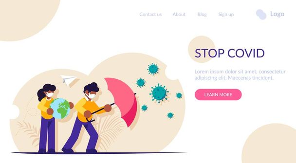 People with an umbrella protects the planet from the virus. Fighting the pandemic. Covid-19. Moden flat vector illustration isolatd on white background. - Vector, Image