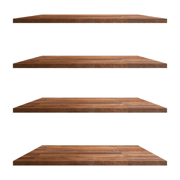4 Holzregale Tisch isoliert auf weißem Hintergrund und Displaymontage für Produkt. - Foto, Bild