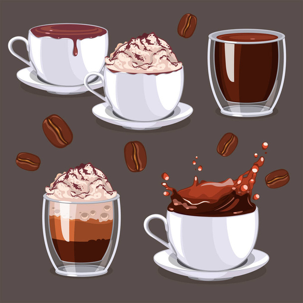 White cups set with coffee beans - Vector, Image