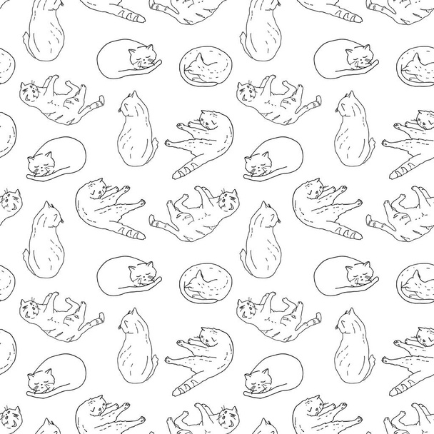 Outline domestic cat in different poses seamless pattern. Cute kittens sitting, playing, sleeping. Hand drawn contour vector illustration on white background for coloring page, pet shop, print, card - Vector, Imagen