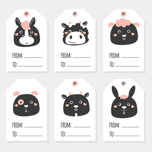 Black and white farm animals tags. Sheep, kitten, hamster, mouse, piglet, horse, donkey - Vector, Imagen