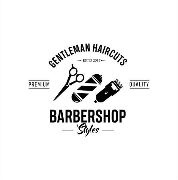 Barbershop Logo Design silhueta Vetor Stock sobre o fundo branco. corte de cabelo Logo Vintage Hispter crachá . - Vetor, Imagem