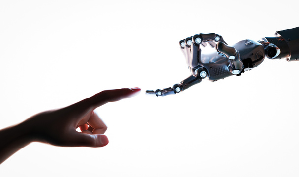 Technologische verbinding concept met 3D rendering robot hand aansluiten op de menselijke hand - Foto, afbeelding
