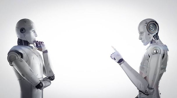 Technologie-Konfrontationskonzept mit 3D-Rendering Cyborg konfrontieren mit Leerraum - Foto, Bild