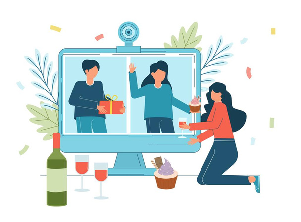 Online πάρτι, γενέθλια, συνάντηση με φίλους. Οι άνθρωποι πίνουν κρασί μαζί σε καραντίνα.. - Διάνυσμα, εικόνα