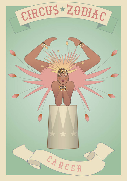 Zodiac Circus. Cancer sign. Contortionist girl, dressed in circus clothes, balancing on a support - Vector, Image