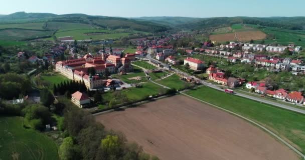 Aerial view of village Velehrad, where is a beautiful former monastery buildings with basilica of Saint Cyrillus and Methodius. - Footage, Video