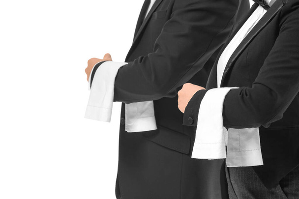 Male and female waiters on white background - Zdjęcie, obraz