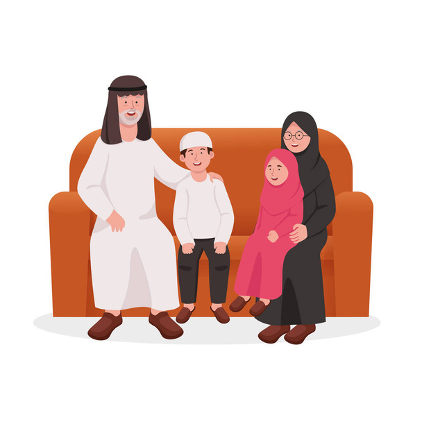Happy Grandparents Sitting Together on Sofa With Grandchilds Cartoon Illustration - Vector, Image