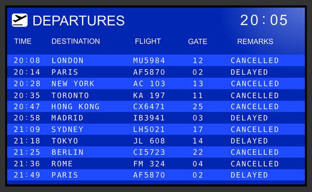 国際空港のフライト情報表示システム、キャンセルおよび遅延便 - 写真・画像