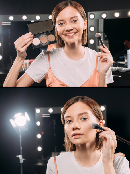 Colagem de mulher bonita segurando conjunto de maquiagem e escova cosmética no estúdio de fotos
  - Foto, Imagem