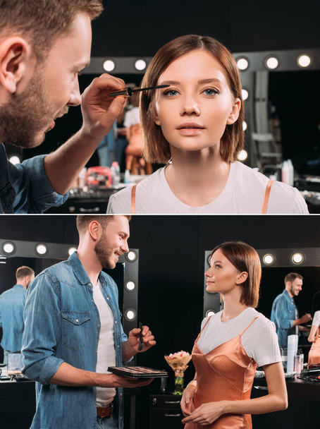 Κολάζ του καλλιτέχνη μακιγιάζ εφαρμογή μάσκαρα και κρατώντας σετ μακιγιάζ κοντά σε όμορφο μοντέλο στο στούντιο φωτογραφιών  - Φωτογραφία, εικόνα
