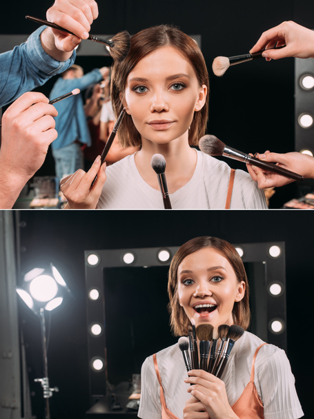Collage de maquilladores con pinceles cosméticos y modelo alegre mirando la cámara en el estudio fotográfico
  - Foto, Imagen