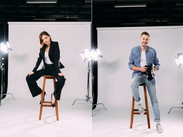 Collage de beau mannequin et photographe souriant assis sur une chaise dans un studio photo
  - Photo, image