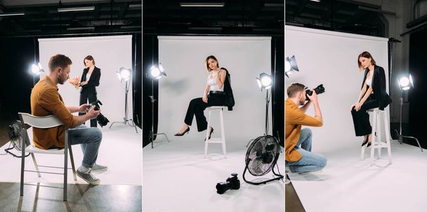 Collage de photographe et beau modèle élégant travaillant en studio photo
  - Photo, image