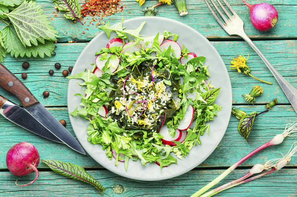 Yosun, bitki, susam tohumu ve turptan oluşan diyet salatası. Taze yeşil salata. - Fotoğraf, Görsel