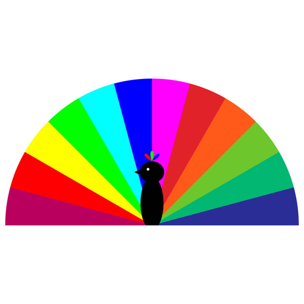 Павлин с цветным ярко полосатым хвостом круглой формы и треугольными полосами. Векторная иллюстрация
. - Вектор,изображение