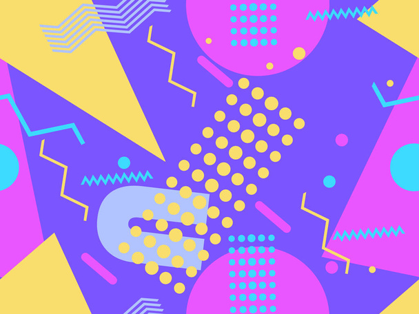 Memphis nahtloses Muster mit geometrischen Formen im Stil der 80er Jahre. Achtziger Jahre drucken bunten Hintergrund für Werbeartikel, Geschenkpapier und Druck. Vektorillustration - Vektor, Bild
