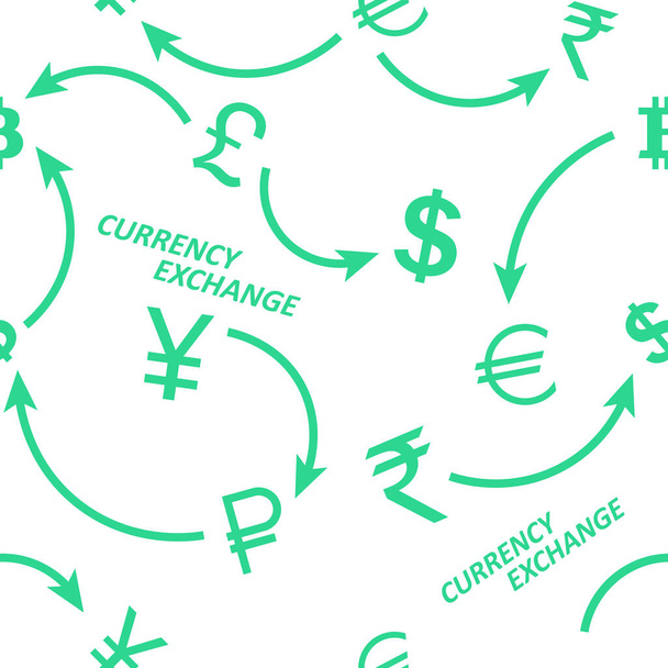Бесшовный орнамент, узор, фон, текстура и шаблон. Обмен валюты, денежные единицы разных стран, символы и деньги, стрелки. Для финансовых компаний, банков, обменных пунктов
 - Вектор,изображение