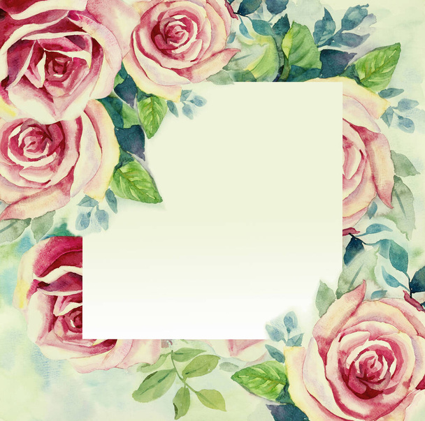 Aquarelle peinture printemps vintage floral rouge rose couleur de roses bouquet de fleurs avec vacances beauté nature et bleu ciel arrière-plan. Illustration faite à la main avec carte postale cadeau festif
.  - Photo, image