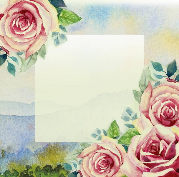 Akvarel malba jaro vintage květinová červená růžová barva růží květiny kytice s dovolenou krásy přírody na horské modré obloze pozadí. Ruční ilustrace. - Fotografie, Obrázek