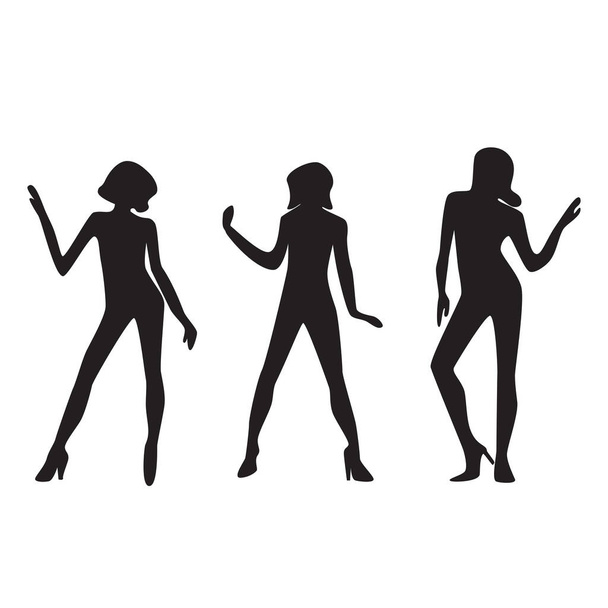 Silhouettes of three dancing girls on a white background. - Вектор, зображення