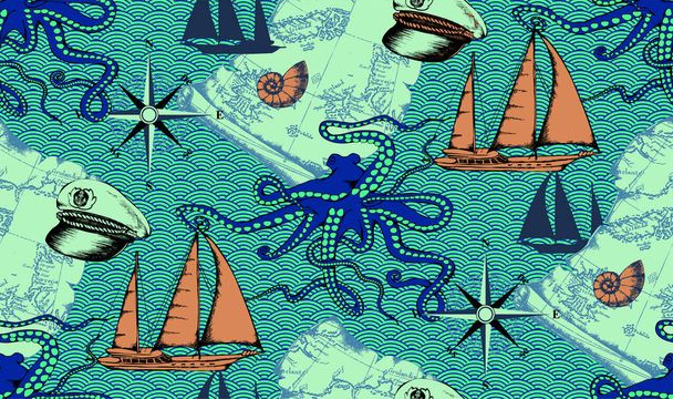 Abstract pattern of octopus and sea voyages. Vector illustration. Suitable for fabric, wrapping paper, mural and the like - Vector, Image