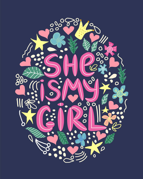 lgbt quote She is my girl concept, print, postcard, banner in a beautiful thematic frame of hearts, flowers, crowns. lettering - Vector, Imagen