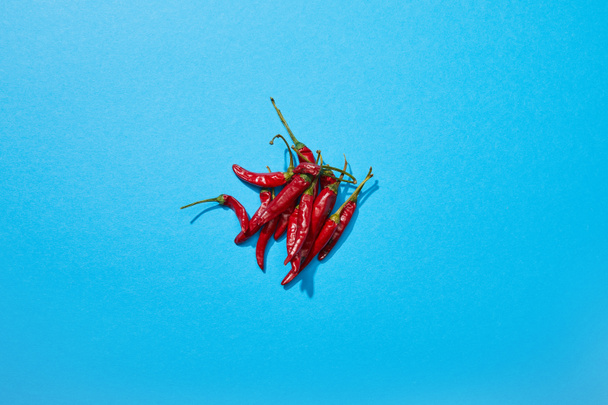 top view of red spicy chili peppers on blue colorful background - Fotó, kép