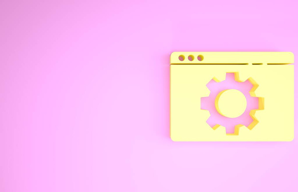 ピンクの背景に隔離された黄色のブラウザ設定アイコン。調整、サービス、メンテナンス、修理、修正。最小限の概念。3Dイラスト3Dレンダリング - 写真・画像