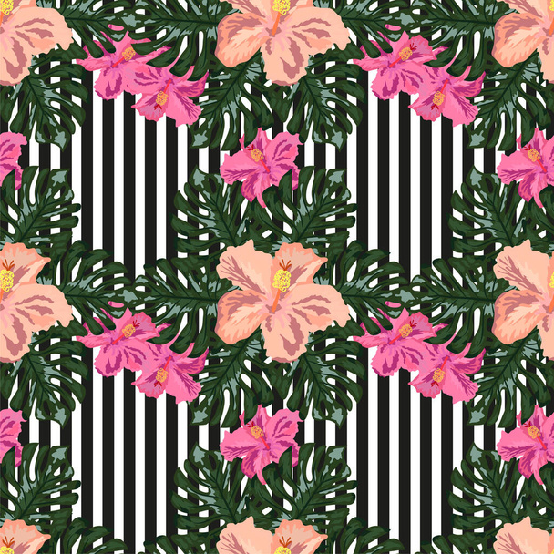 Exotic seamless pattern with tropical leaves and flowers on a black background. Striped background. botanical print. - Вектор, зображення