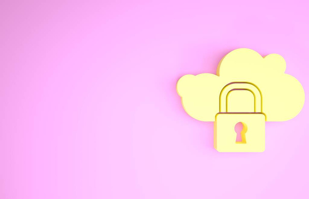 Yellow Cloud computing lock icon isolated on pink background. Security, safety, protection concept. Protection of personal data. Minimalism concept. 3d illustration 3D render - Photo, Image