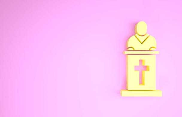 Żółty pastor Kościoła głosząc ikonę izolowane na różowym tle. Koncepcja minimalizmu. Ilustracja 3D 3D renderowania - Zdjęcie, obraz