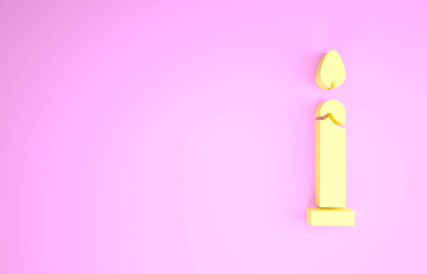Icona della candela bruciante gialla isolata su sfondo rosa. Candela cilindrica bastone con fiamma ardente. Concetto minimalista. Illustrazione 3d rendering 3D - Foto, immagini