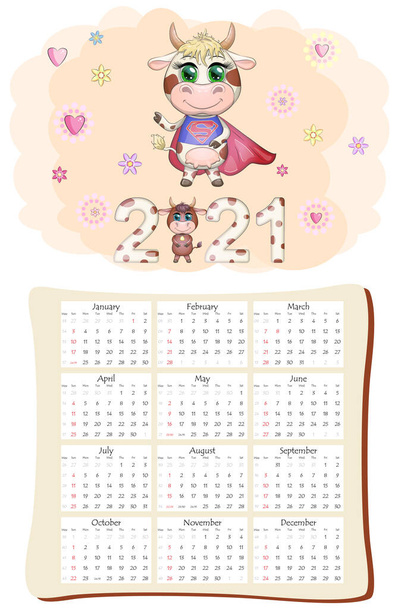 White ox calendar or planner for 2021 with kawaii cartoon bull, bull or cow, New Year character, cute characters. Week Starts Sunday - Vector, Imagen