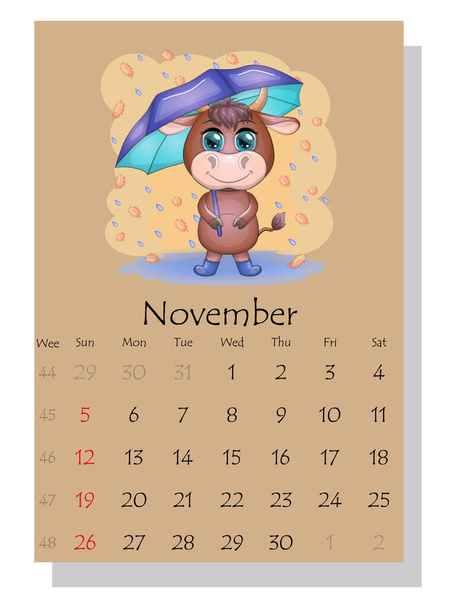 Calendar 2021. Cute bull and cow for November. - Vektör, Görsel