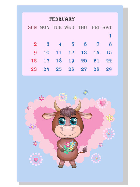 Calendar 2021. Cute bull and cow for February. - Vektor, kép